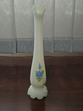 Vintage Fenton Hand Painted Blue Rose Frosted Glass Bud Vase